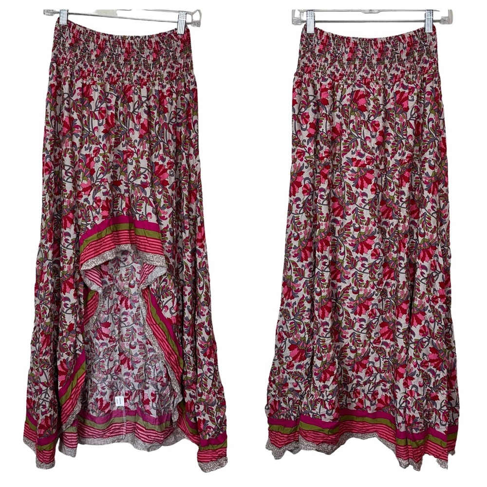 Charlie Charlie Charlotte Boho Floral Mixed Media Flowy High Low Smocked Skirt L